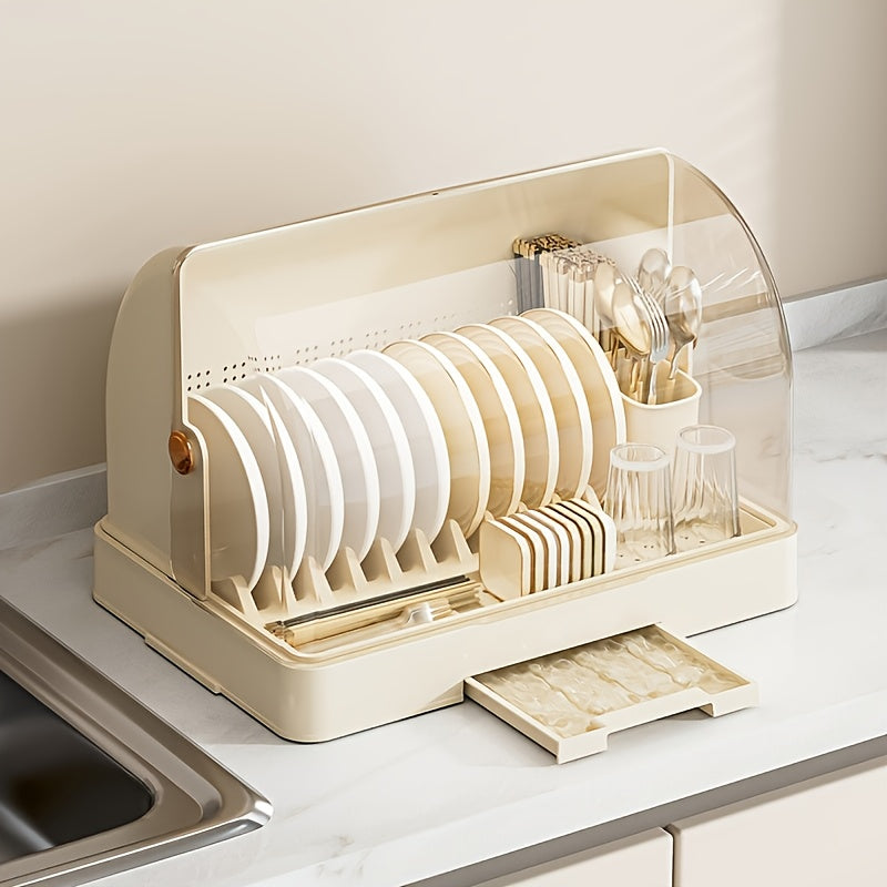 Multi-Layer Collapsible Plastic Kitchen Cabinet - a Versatile Storage Unit for Home Use, an Organized Dishware Storage Cabinet, a Portable Drying Rack for Dishes, Featuring Modern Design, Easy to Clean, Equipped with a Removable Drip Tray