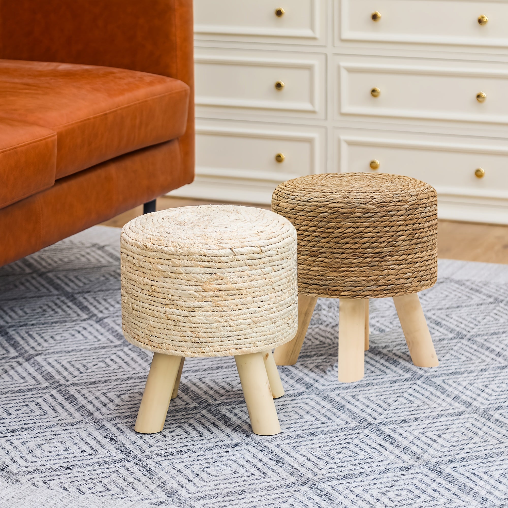 2pcs Boho Chic Handwoven Natural Straw Footstools, 11.8\