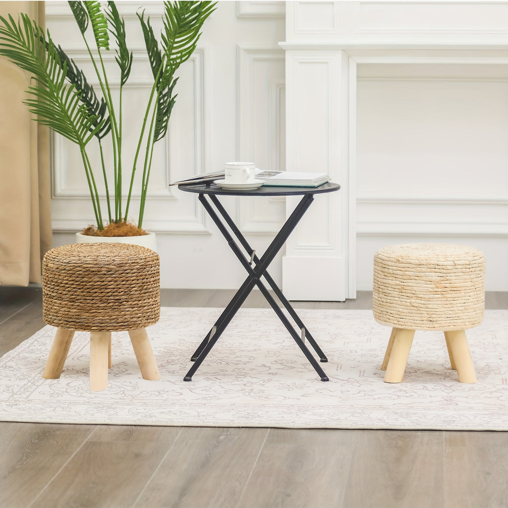 2pcs Boho Chic Handwoven Natural Straw Footstools, 11.8\