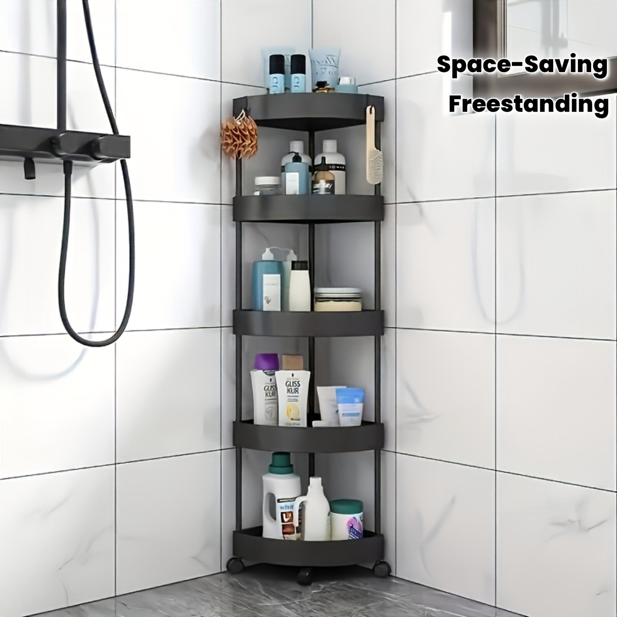 Space-Saving Black Plastic Corner Bathroom Shelf Cabinet