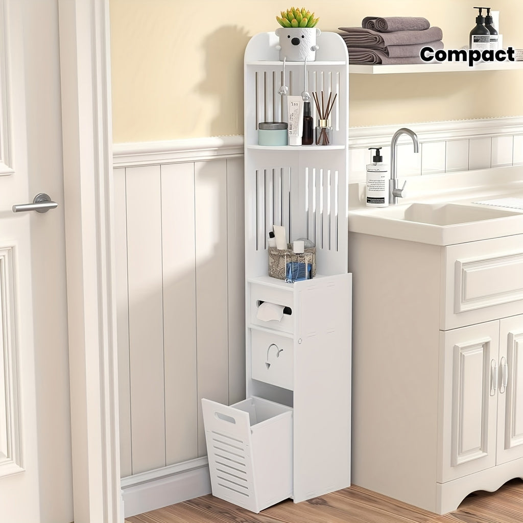 Compact White Bathroom Storage Cabinet - Waterproof PVC Organizer with 5 Shelves