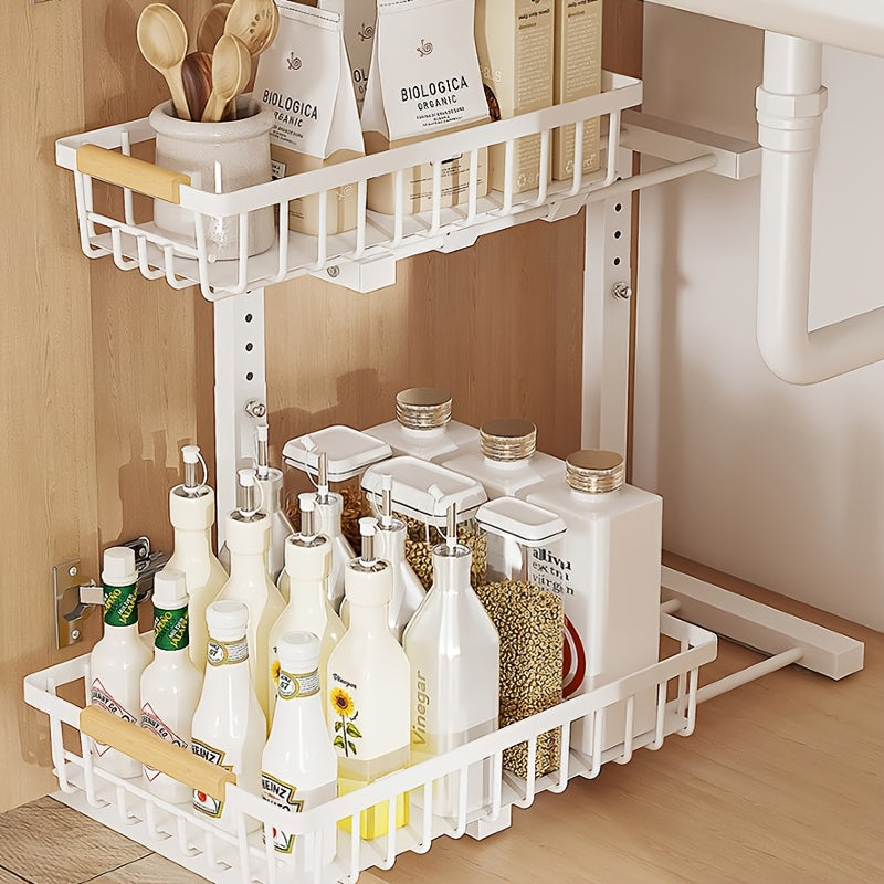 2-tier Pull-out Under-sink Storage Rack- Metal Storage Rack for Kitchen and Bathroom Cabinets