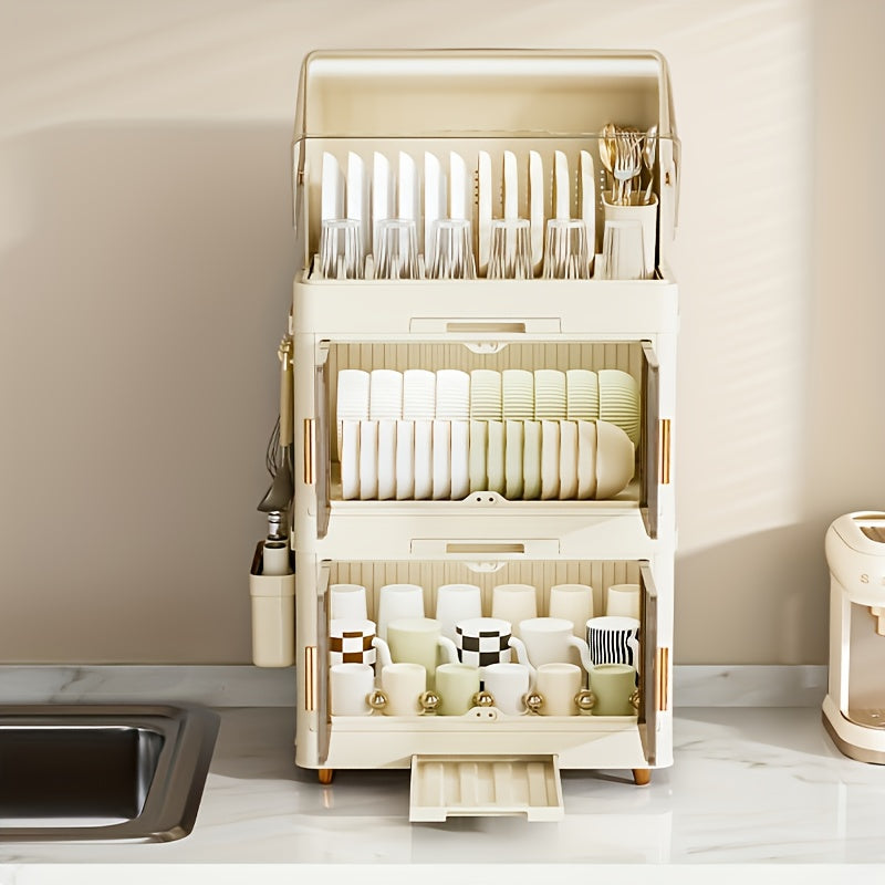 Multi-Layer Collapsible Plastic Kitchen Cabinet - a Versatile Storage Unit for Home Use, an Organized Dishware Storage Cabinet, a Portable Drying Rack for Dishes, Featuring Modern Design, Easy to Clean, Equipped with a Removable Drip Tray