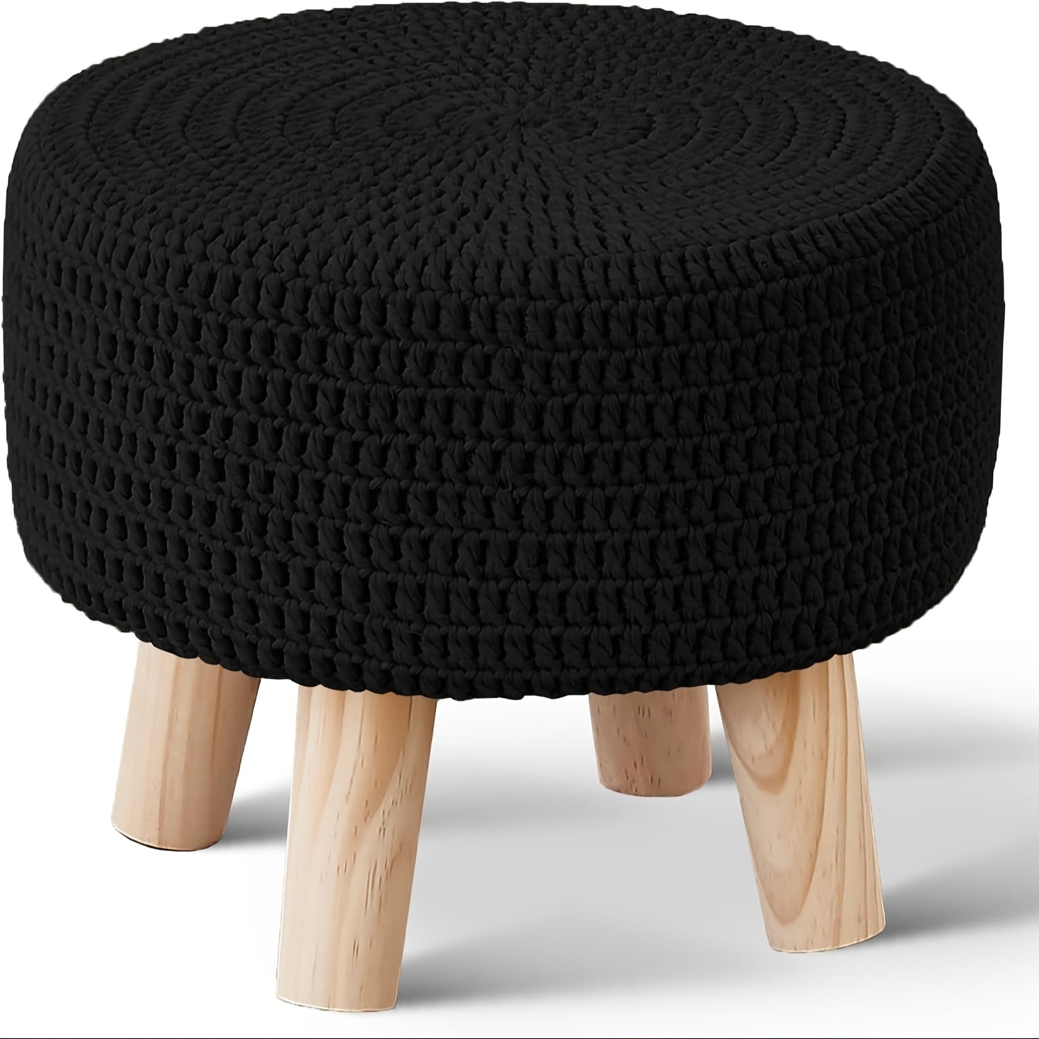 Small Ottomans, 100% Hand Knitted Pouf, Round Footrest with 4 Non-Skid Wood Legs, Boho Decor Cotton Rope Pouffe Beside Sofa, Leisure Floor Step Chair for Living Room