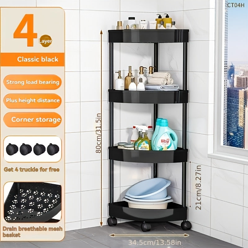 Space-Saving Black Plastic Corner Bathroom Shelf Cabinet
