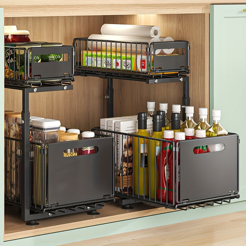 1pc Contemporary Metal 2-Tier Slide-Out Storage Basket