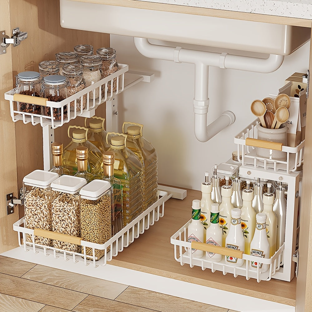 2-tier Pull-out Under-sink Storage Rack- Metal Storage Rack for Kitchen and Bathroom Cabinets
