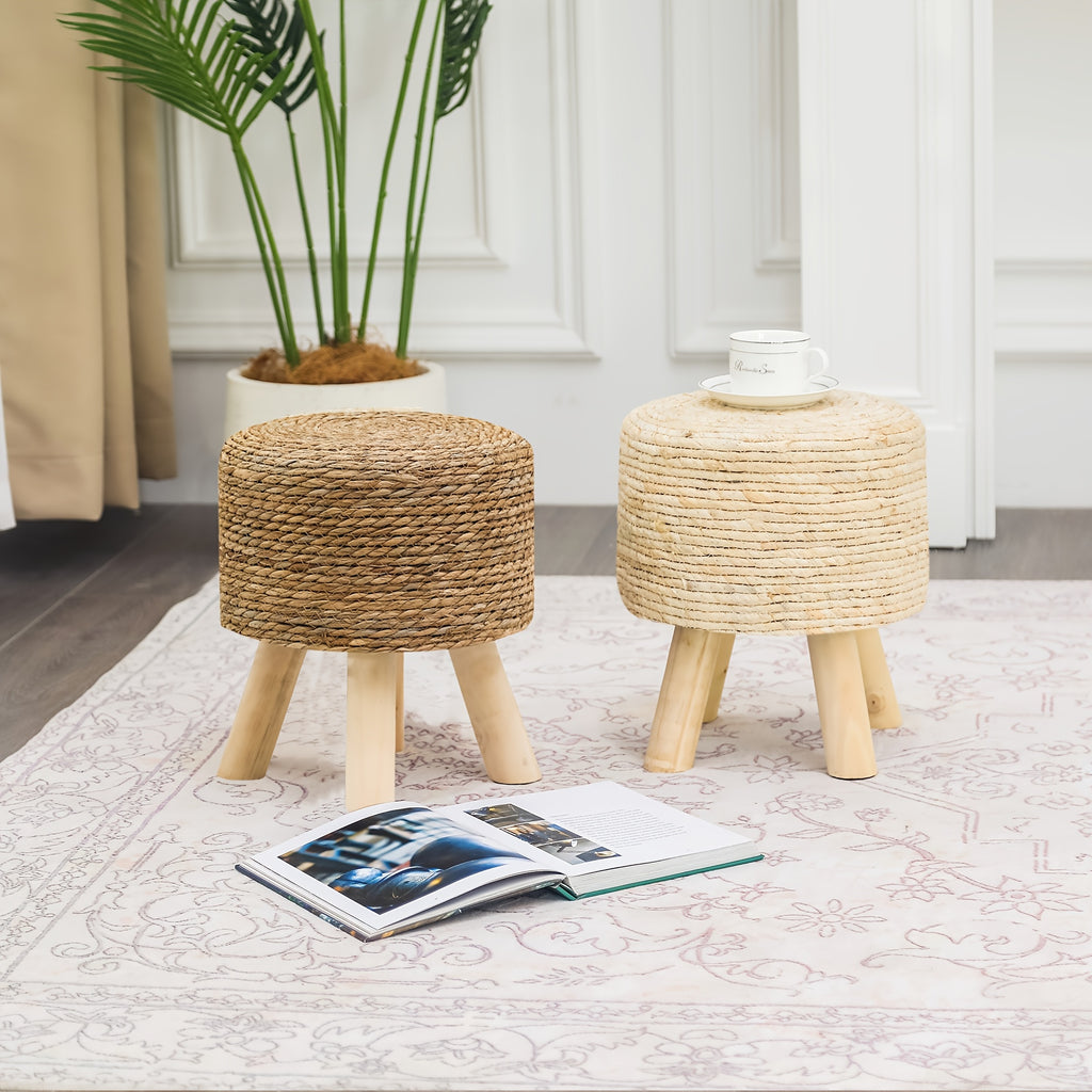2pcs Boho Chic Handwoven Natural Straw Footstools, 11.8\