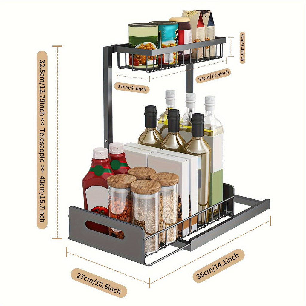 1pc Contemporary Metal 2-Tier Slide-Out Storage Basket