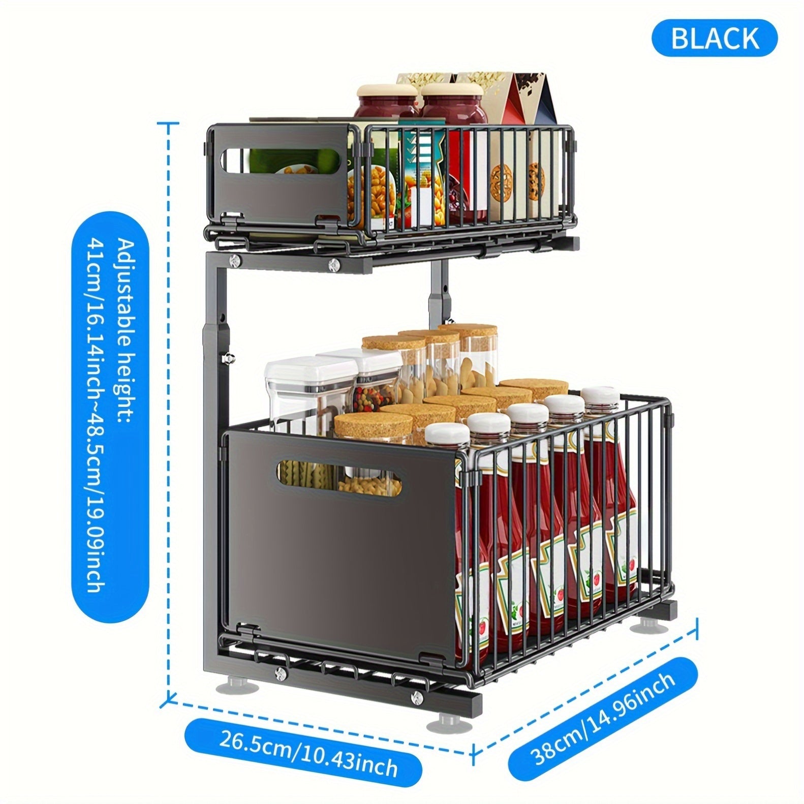 1pc Contemporary Metal 2-Tier Slide-Out Storage Basket