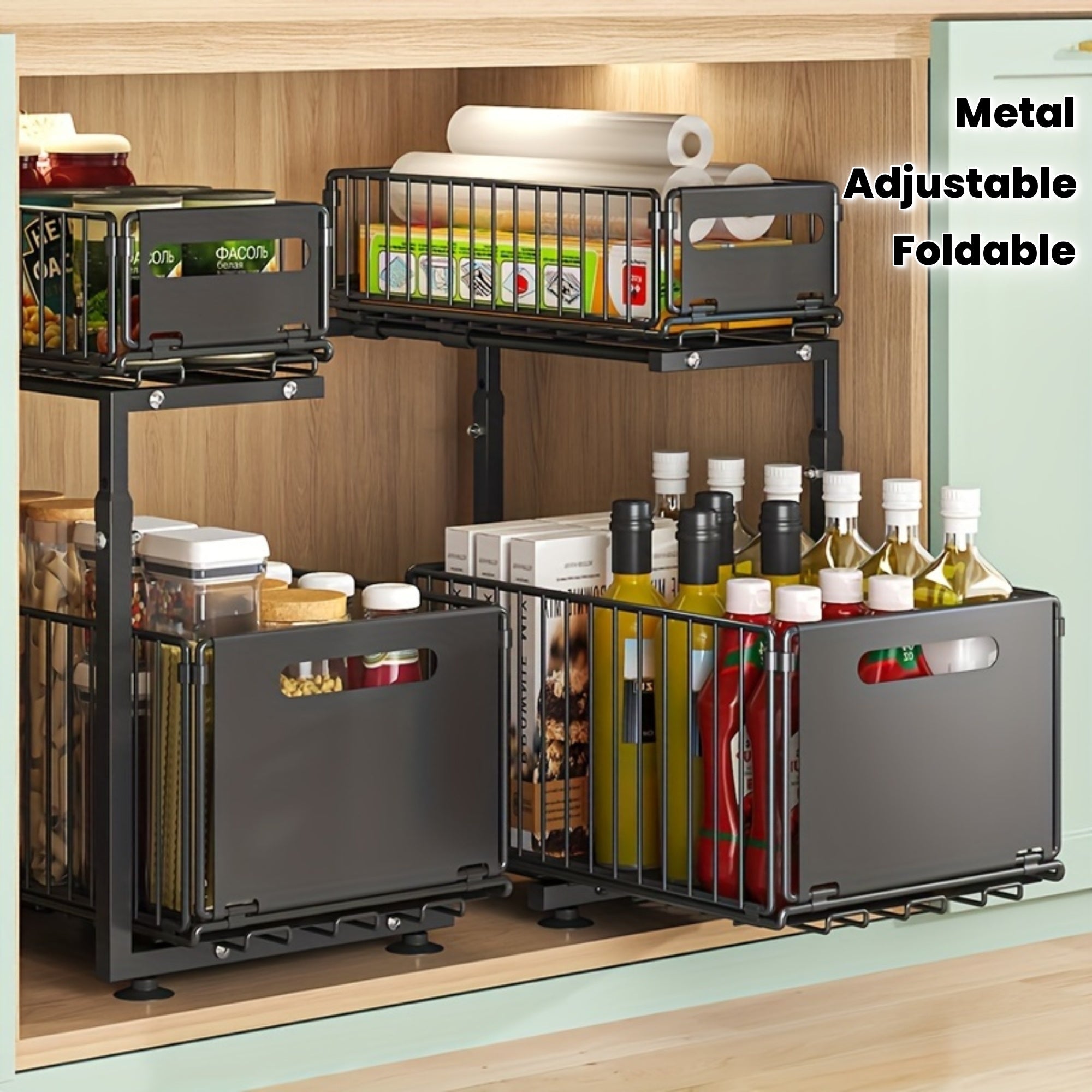 1pc Contemporary Metal 2-Tier Slide-Out Storage Basket