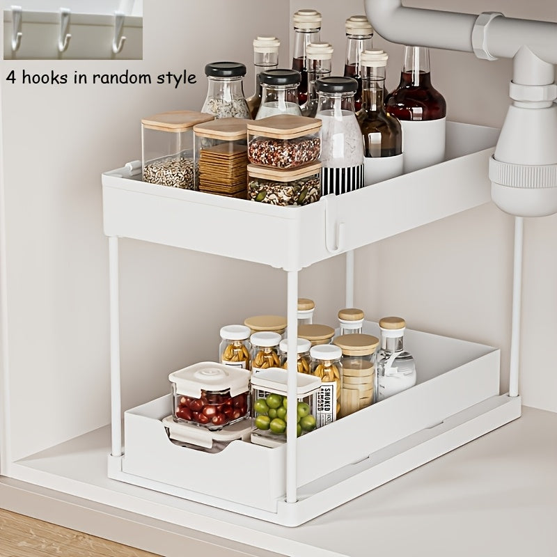 LDQ 2-Tier Large Capacity Pull-Out Kitchen & Bathroom Storage Rack - Sleek White Organizer with Multiple Compartments, Durable Plastic Space-Saving Design, Nested Shelves for Cabinets Under-Sink Organization, Undercounter Organizer, Clean Design Material