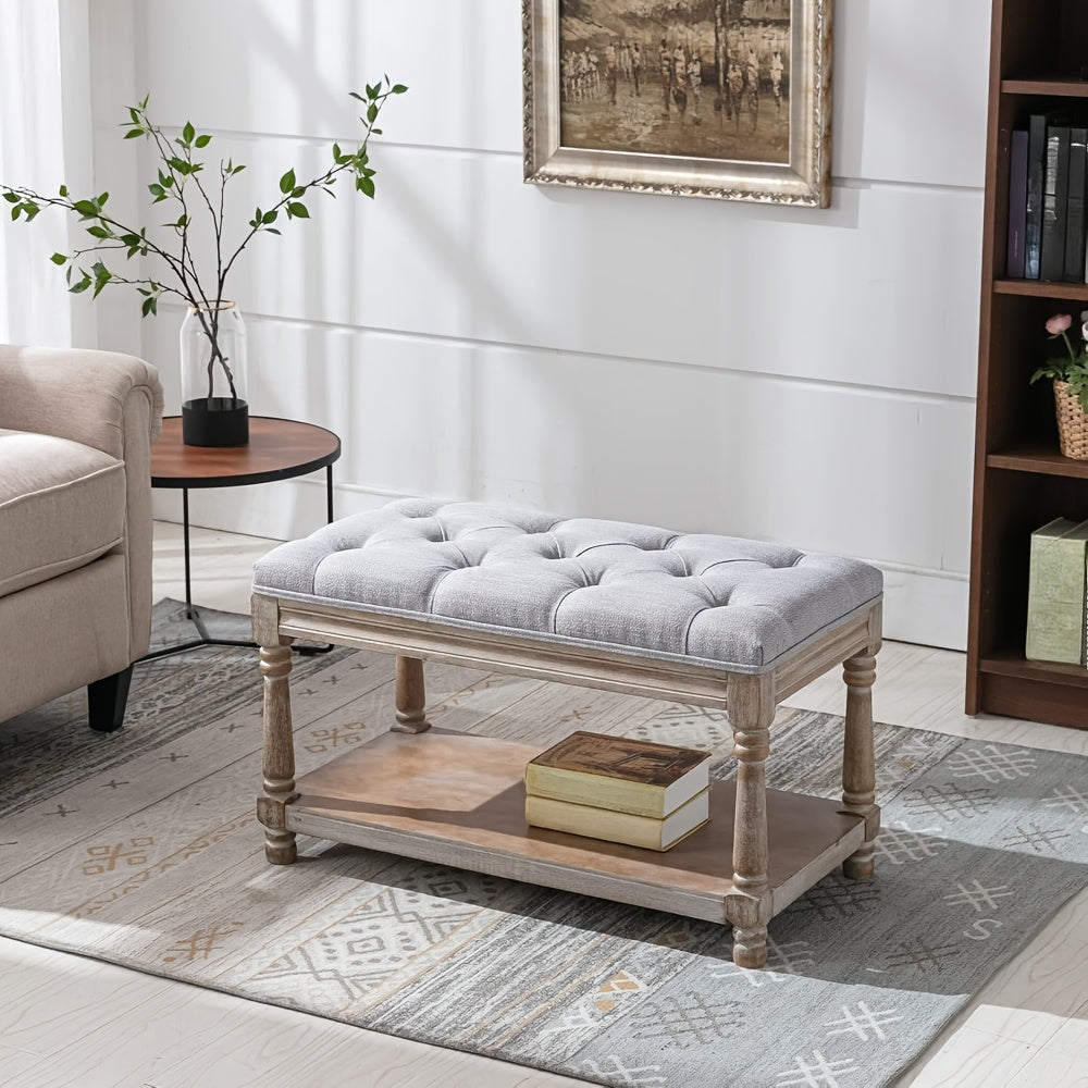 1Pc Farmhouse Plush Storage Linen Fabric Bench with Shelf Entrance, Shoe Changing Footstool, Suitable for Bedroom\u002F living Room, 31.5 Inches Wide