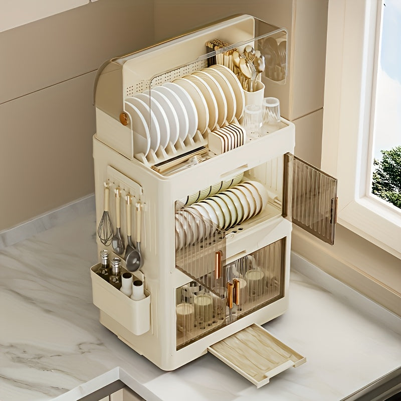 Multi-Layer Collapsible Plastic Kitchen Cabinet - a Versatile Storage Unit for Home Use, an Organized Dishware Storage Cabinet, a Portable Drying Rack for Dishes, Featuring Modern Design, Easy to Clean, Equipped with a Removable Drip Tray