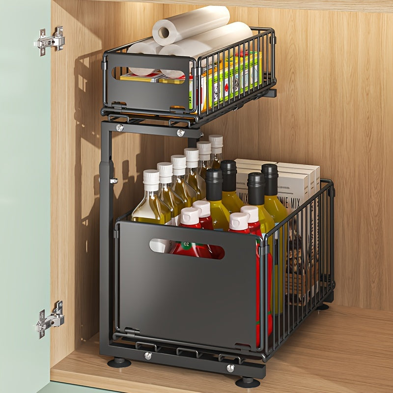 1pc Contemporary Metal 2-Tier Slide-Out Storage Basket