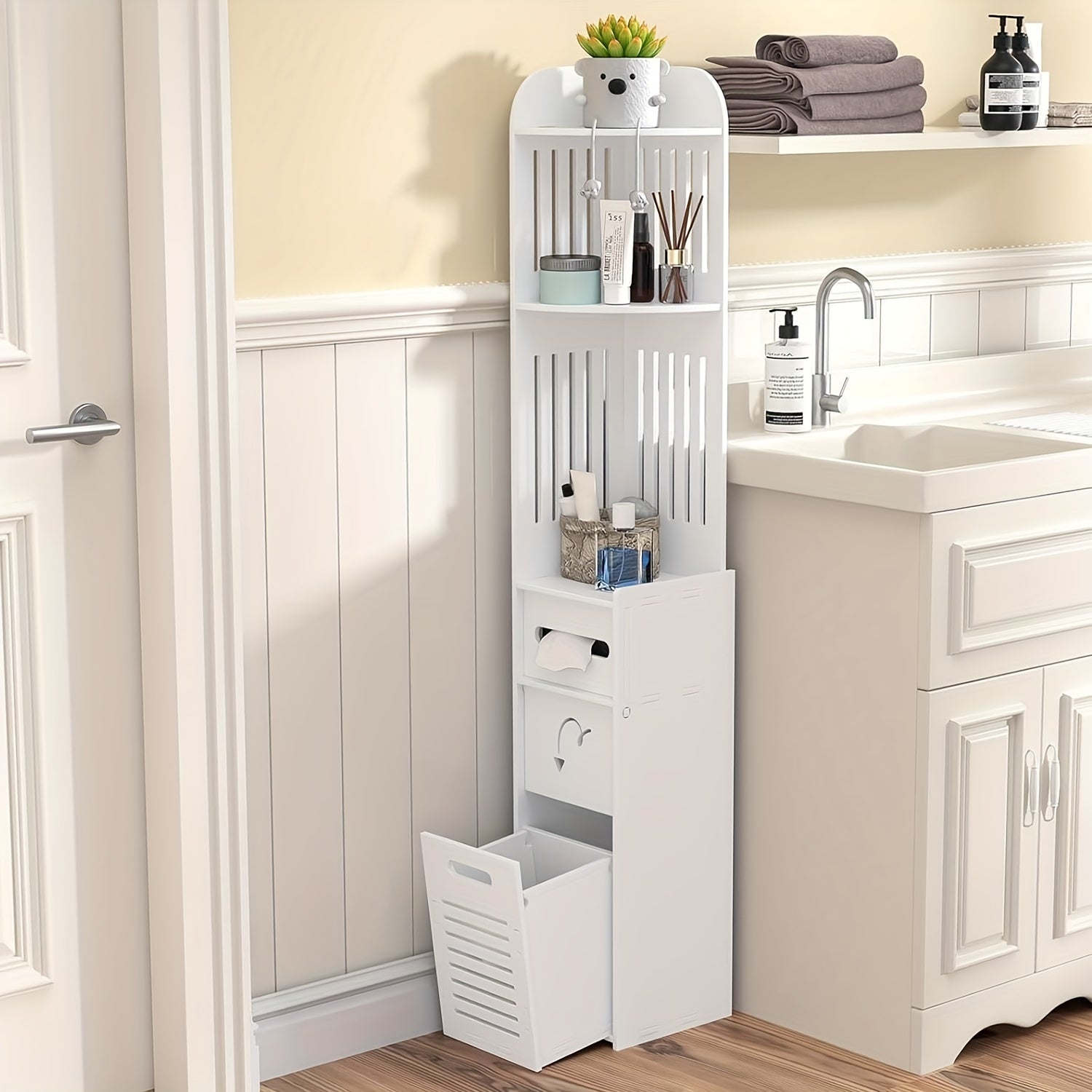 Compact White Bathroom Storage Cabinet - Waterproof PVC Organizer with 5 Shelves
