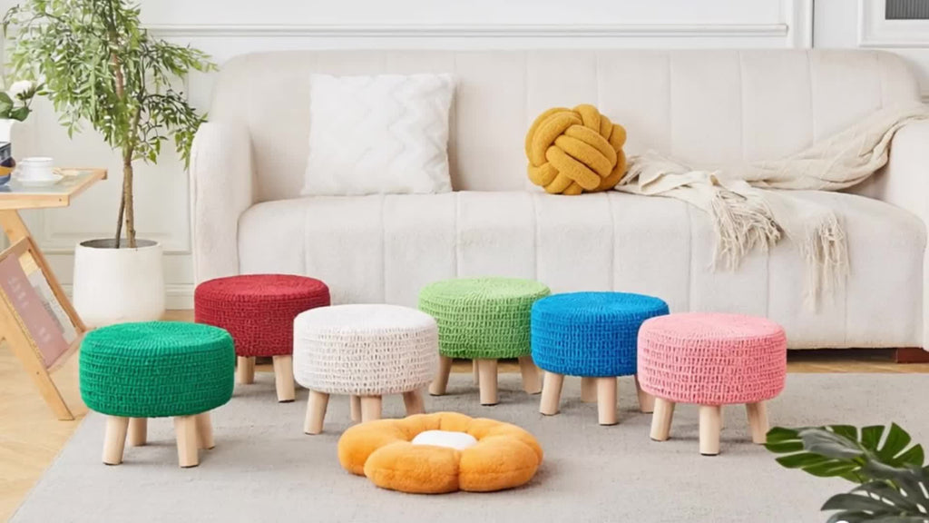 Small Ottomans, 100% Hand Knitted Pouf, Round Footrest with 4 Non-Skid Wood Legs, Boho Decor Cotton Rope Pouffe Beside Sofa, Leisure Floor Step Chair for Living Room
