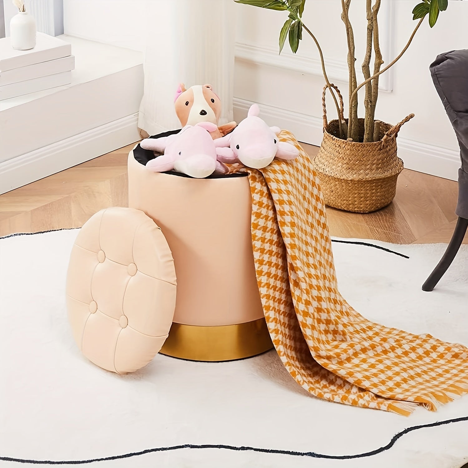 Velvet 23Qt Storage Ottoman - Heavy-Duty Multipurpose Footrest & Stool with Padded Seat & Storage Compartment, Round Chair Suitable for Living Room, Bedroom - \u002FPlywood Frame, 300lbs Weight Capacity