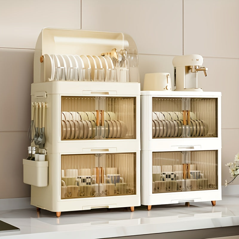 Multi-Layer Collapsible Plastic Kitchen Cabinet - a Versatile Storage Unit for Home Use, an Organized Dishware Storage Cabinet, a Portable Drying Rack for Dishes, Featuring Modern Design, Easy to Clean, Equipped with a Removable Drip Tray