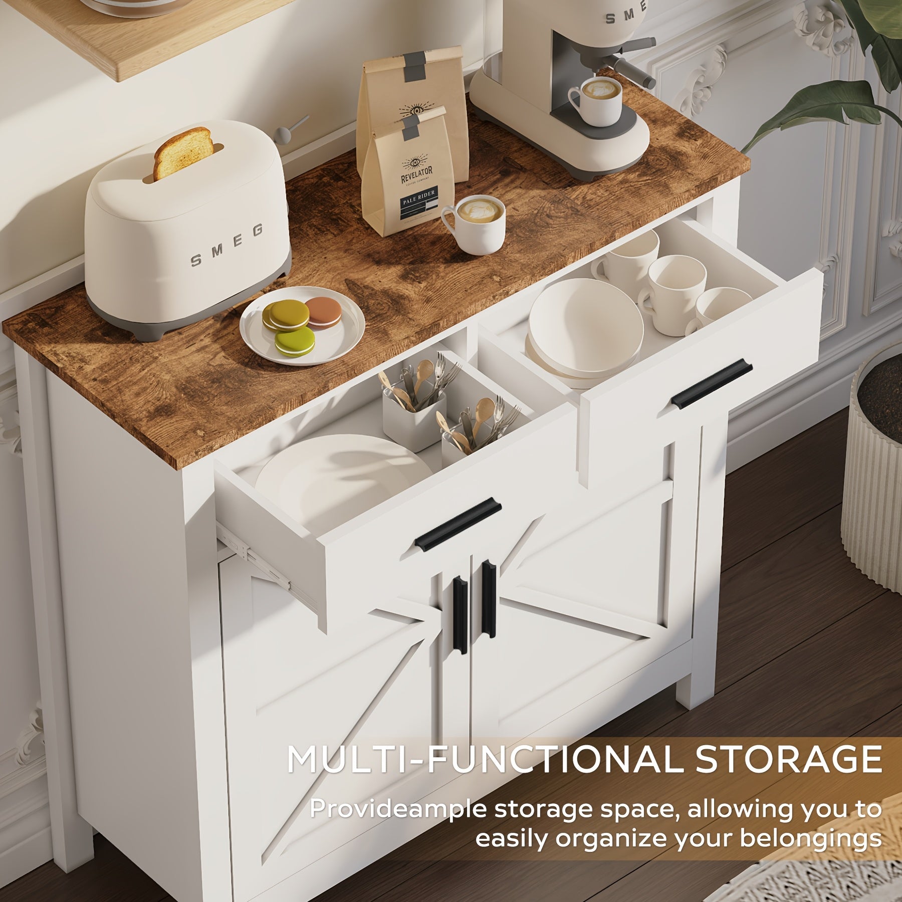 Kitchen Storage Cabinet, Modern Farmhouse Self-Service Cabinet with Storage Space