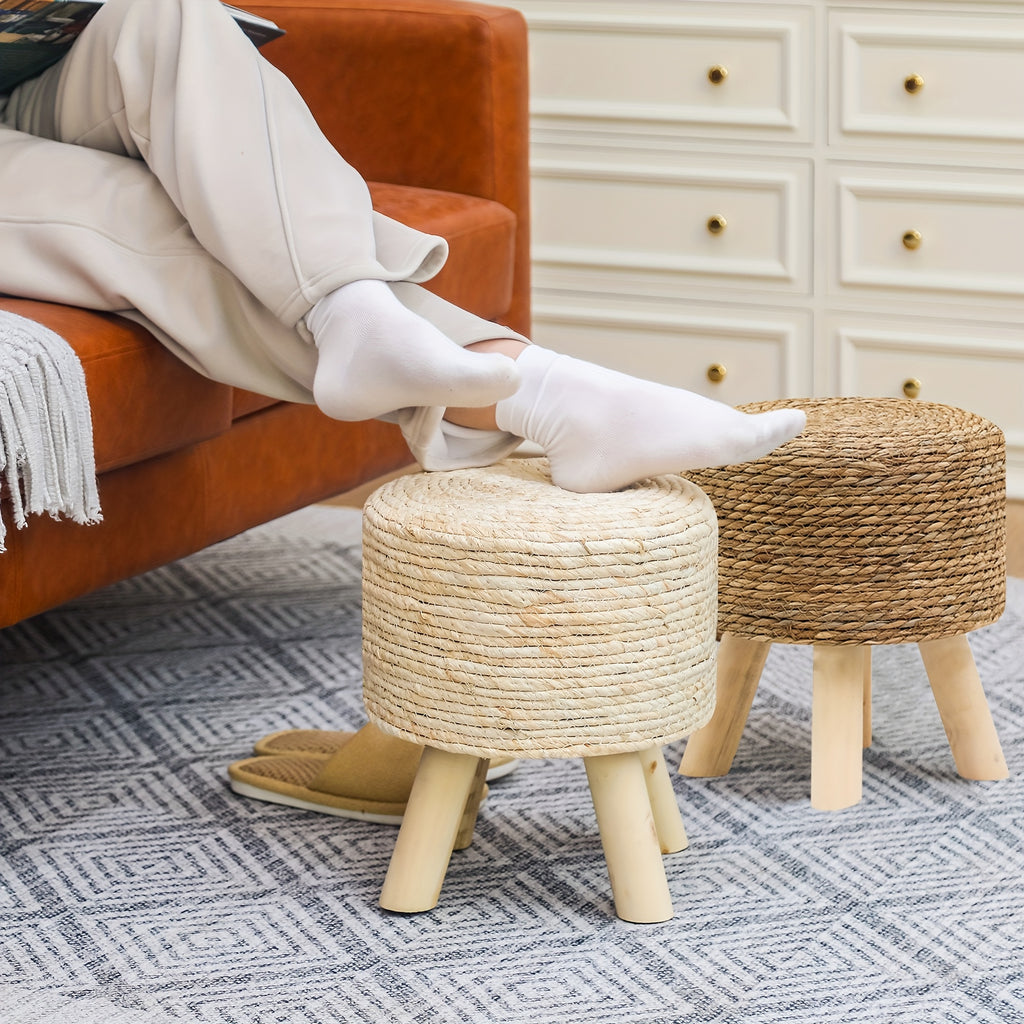 2pcs Boho Chic Handwoven Natural Straw Footstools, 11.8\