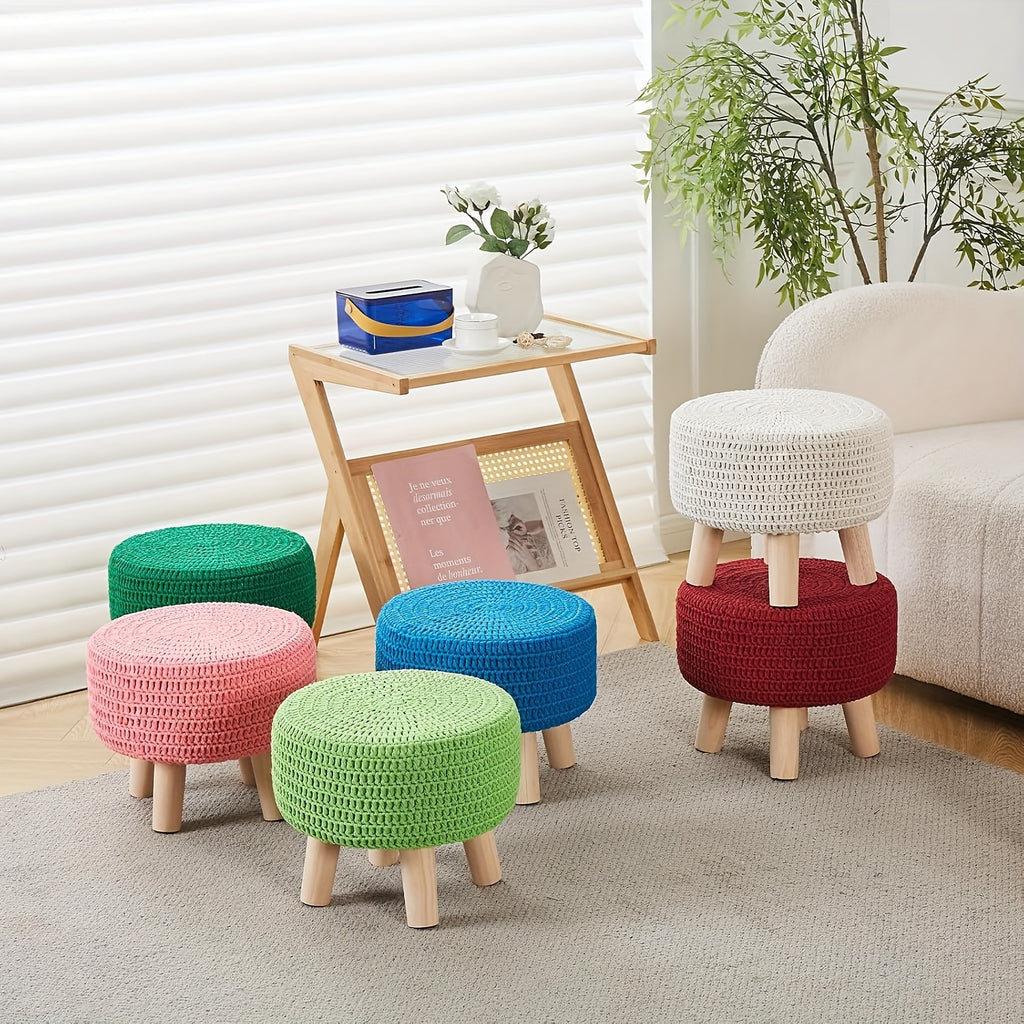 Small Ottomans, 100% Hand Knitted Pouf, Round Footrest with 4 Non-Skid Wood Legs, Boho Decor Cotton Rope Pouffe Beside Sofa, Leisure Floor Step Chair for Living Room