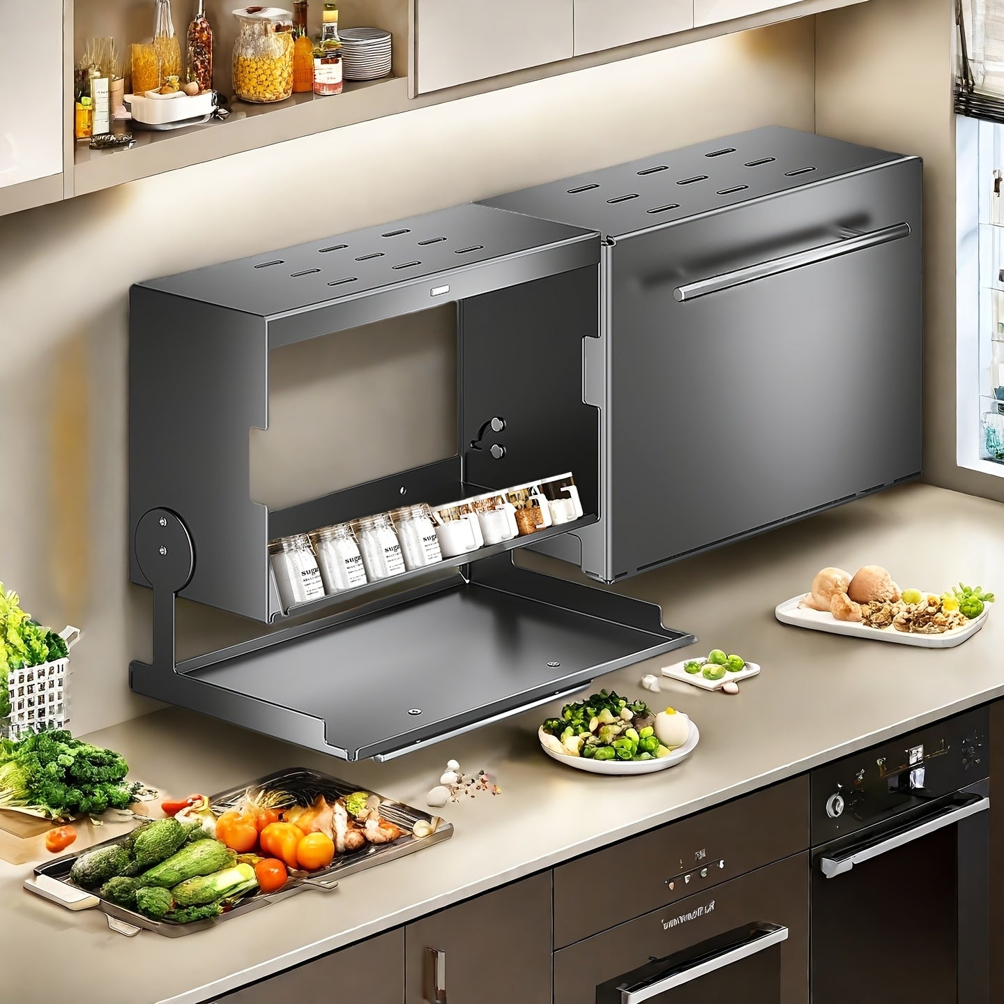 Wall-Mounted Kitchen Storage Cabinet with Pull-Down Double