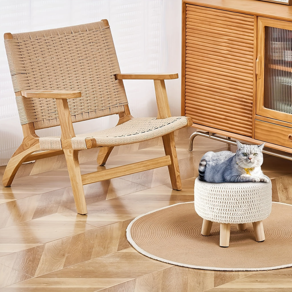 Small Ottomans, 100% Hand Knitted Pouf, Round Footrest with 4 Non-Skid Wood Legs, Boho Decor Cotton Rope Pouffe Beside Sofa, Leisure Floor Step Chair for Living Room