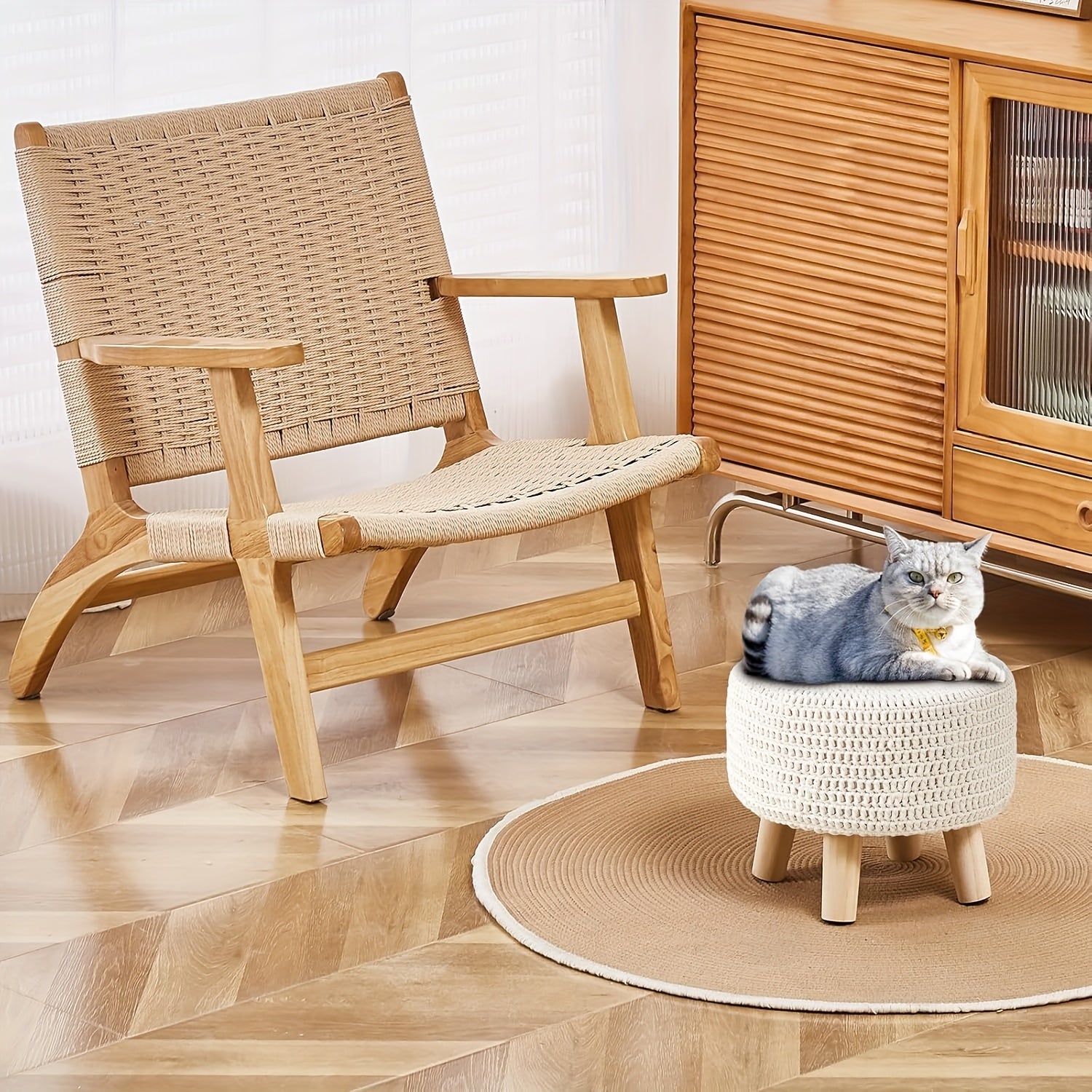 Small Ottomans, 100% Hand Knitted Pouf, Round Footrest with 4 Non-Skid Wood Legs, Boho Decor Cotton Rope Pouffe Beside Sofa, Leisure Floor Step Chair for Living Room