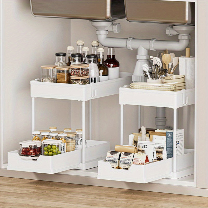 LDQ 2-Tier Large Capacity Pull-Out Kitchen & Bathroom Storage Rack - Sleek White Organizer with Multiple Compartments, Durable Plastic Space-Saving Design, Nested Shelves for Cabinets Under-Sink Organization, Undercounter Organizer, Clean Design Material