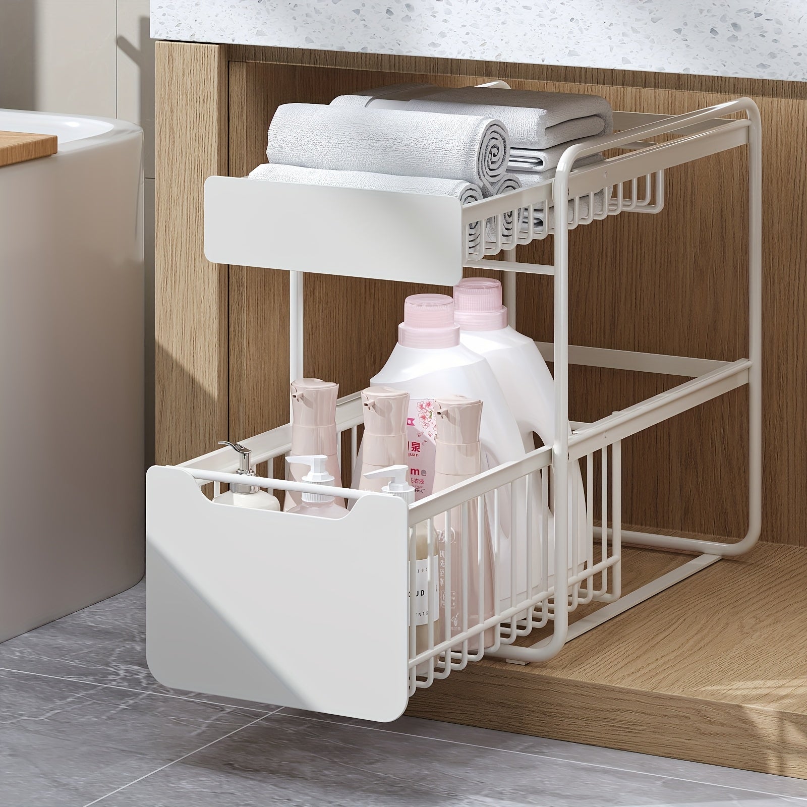 1 Double-layer Pull Out Storage Rack, Sink Organizer, Double Storage Basket for Kitchen