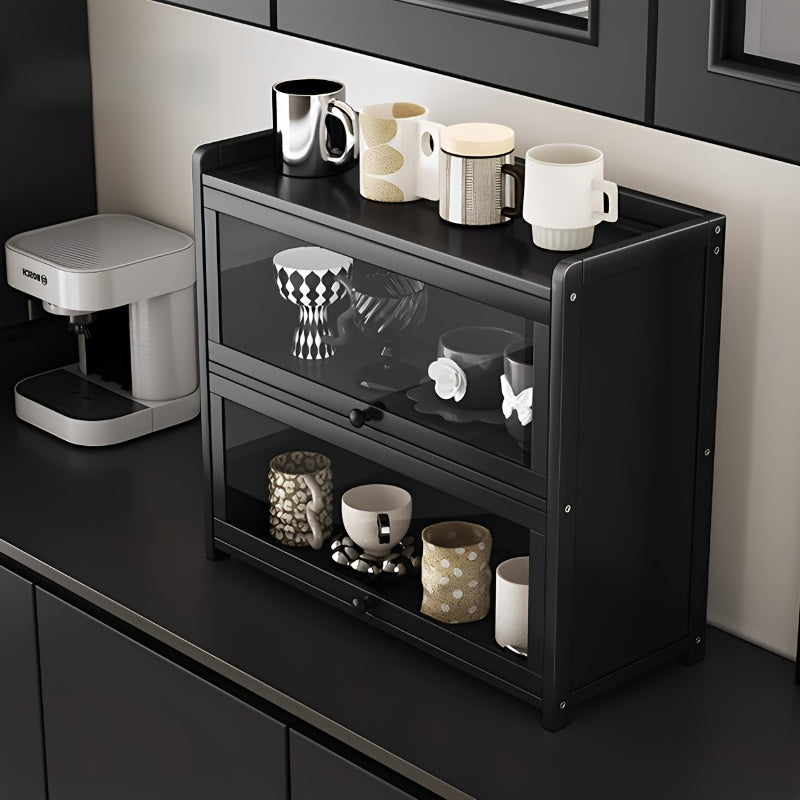 Modern Black Storage Cabinet with Clear View Doors