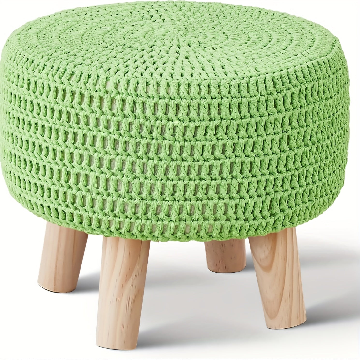 Small Ottomans, 100% Hand Knitted Pouf, Round Footrest with 4 Non-Skid Wood Legs, Boho Decor Cotton Rope Pouffe Beside Sofa, Leisure Floor Step Chair for Living Room