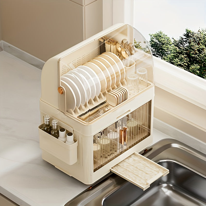 Multi-Layer Collapsible Plastic Kitchen Cabinet - a Versatile Storage Unit for Home Use, an Organized Dishware Storage Cabinet, a Portable Drying Rack for Dishes, Featuring Modern Design, Easy to Clean, Equipped with a Removable Drip Tray