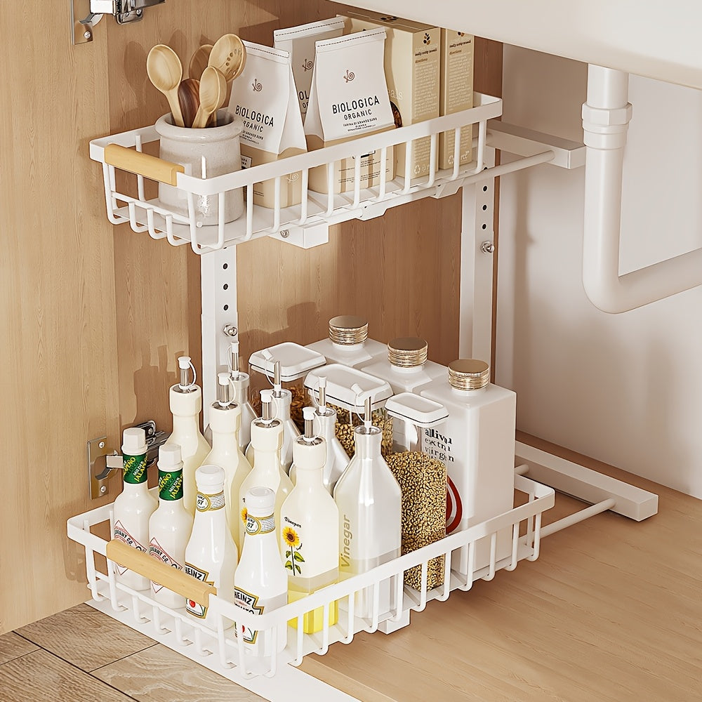 2-tier Pull-out Under-sink Storage Rack- Metal Storage Rack for Kitchen and Bathroom Cabinets