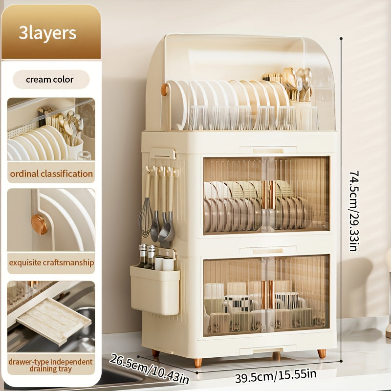 Multi-Layer Collapsible Plastic Kitchen Cabinet - a Versatile Storage Unit for Home Use, an Organized Dishware Storage Cabinet, a Portable Drying Rack for Dishes, Featuring Modern Design, Easy to Clean, Equipped with a Removable Drip Tray