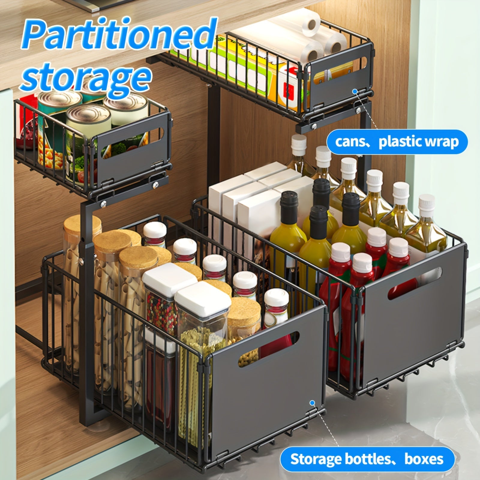 1pc Contemporary Metal 2-Tier Slide-Out Storage Basket