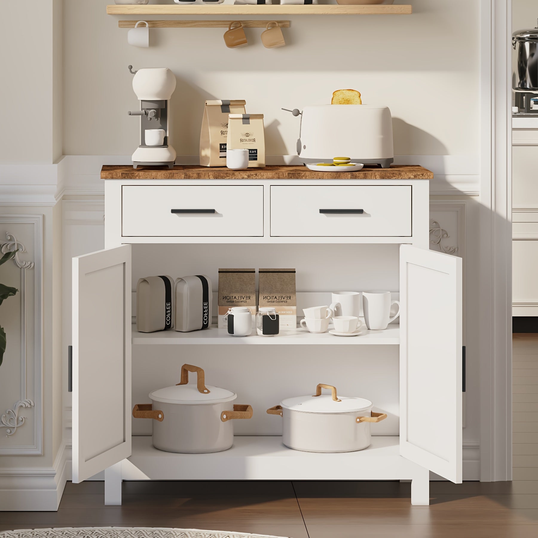 Kitchen Storage Cabinet, Modern Farmhouse Self-Service Cabinet with Storage Space