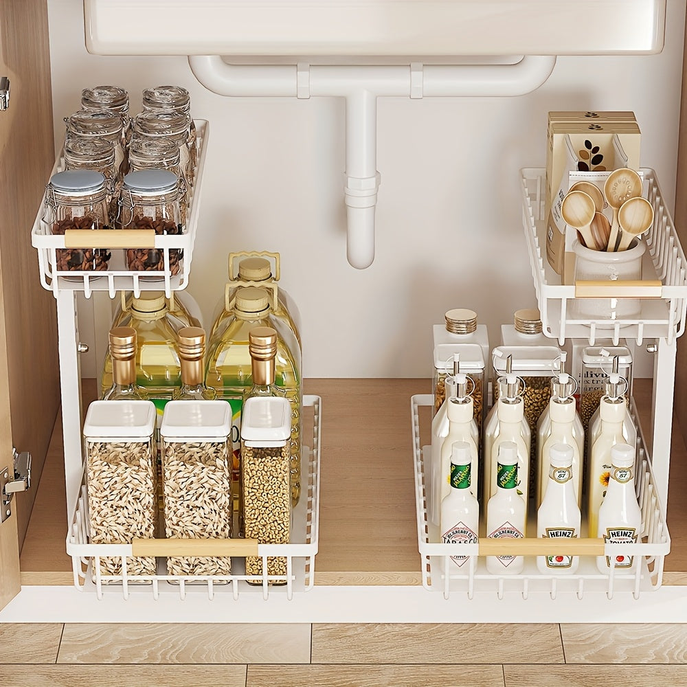 2-tier Pull-out Under-sink Storage Rack- Metal Storage Rack for Kitchen and Bathroom Cabinets