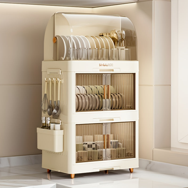 Multi-Layer Collapsible Plastic Kitchen Cabinet - a Versatile Storage Unit for Home Use, an Organized Dishware Storage Cabinet, a Portable Drying Rack for Dishes, Featuring Modern Design, Easy to Clean, Equipped with a Removable Drip Tray