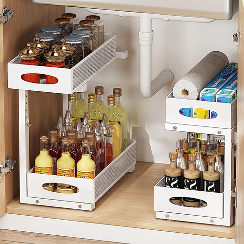2-tier Pull-out Under-sink Storage Rack- Metal Storage Rack for Kitchen and Bathroom Cabinets