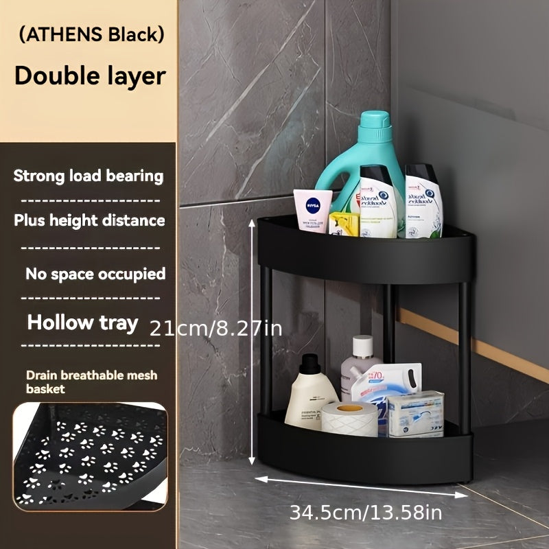 Space-Saving Black Plastic Corner Bathroom Shelf Cabinet