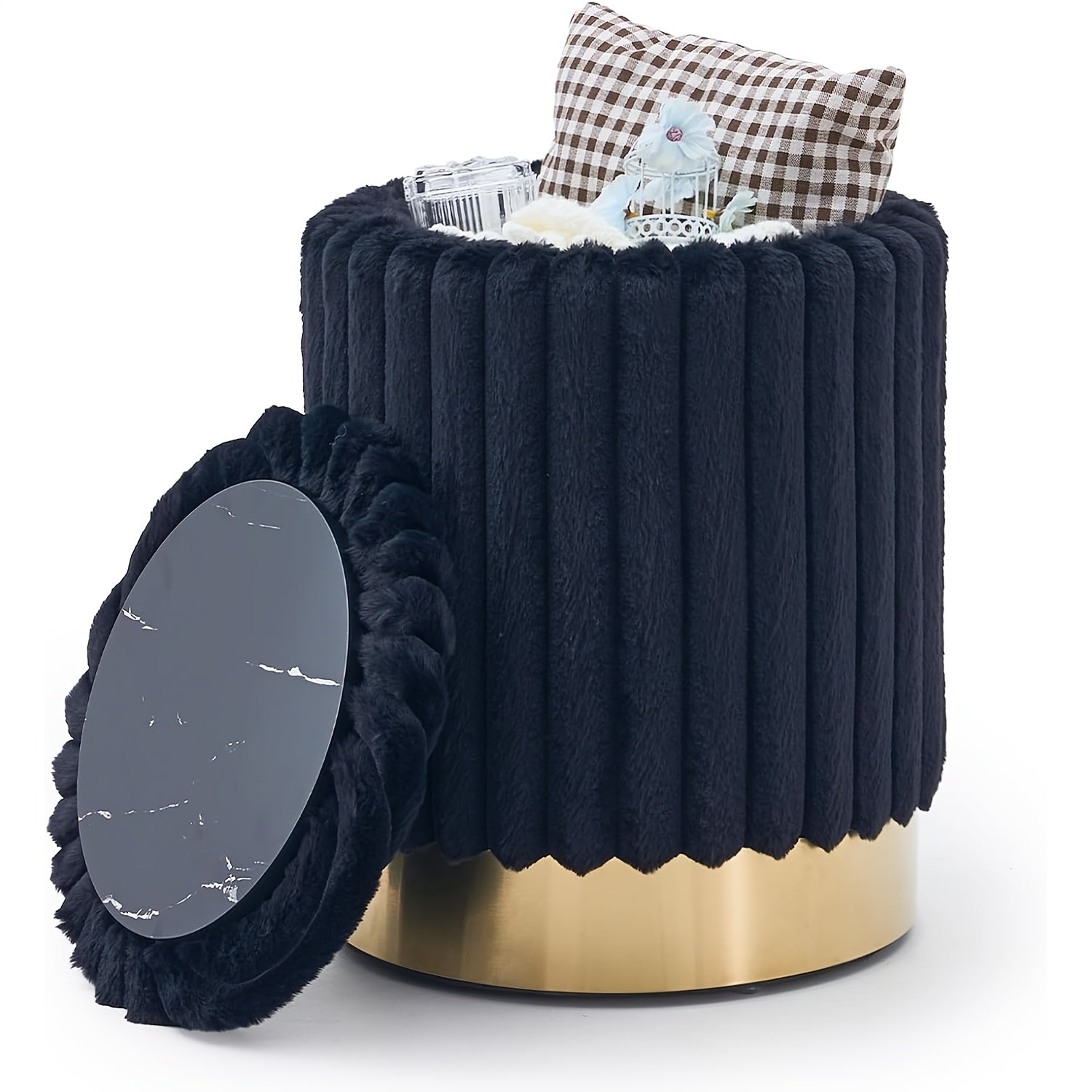 Velvet 23Qt Storage Ottoman - Heavy-Duty Multipurpose Footrest & Stool with Padded Seat & Storage Compartment, Round Chair Suitable for Living Room, Bedroom - \u002FPlywood Frame, 300lbs Weight Capacity