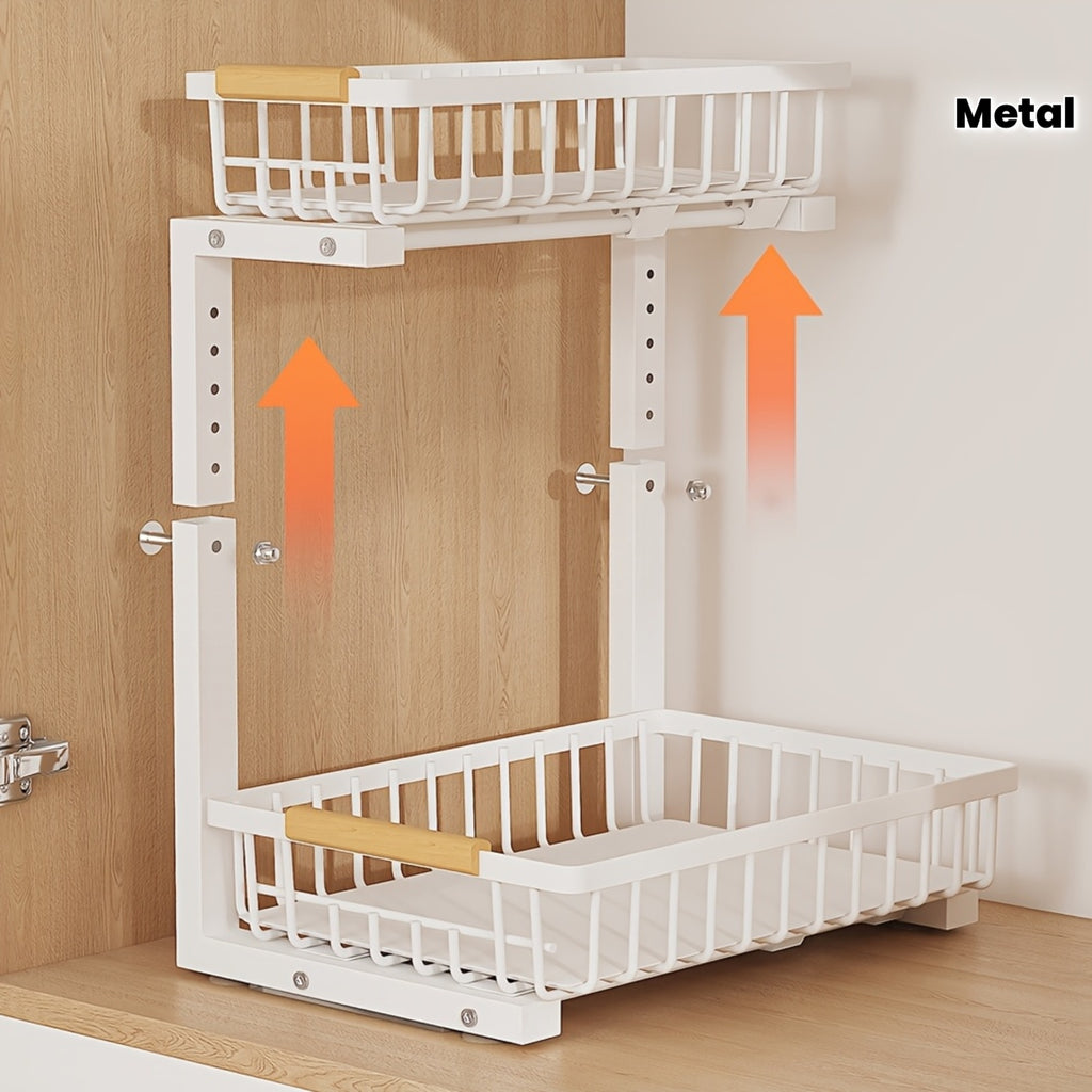 2-tier Pull-out Under-sink Storage Rack- Metal Storage Rack for Kitchen and Bathroom Cabinets