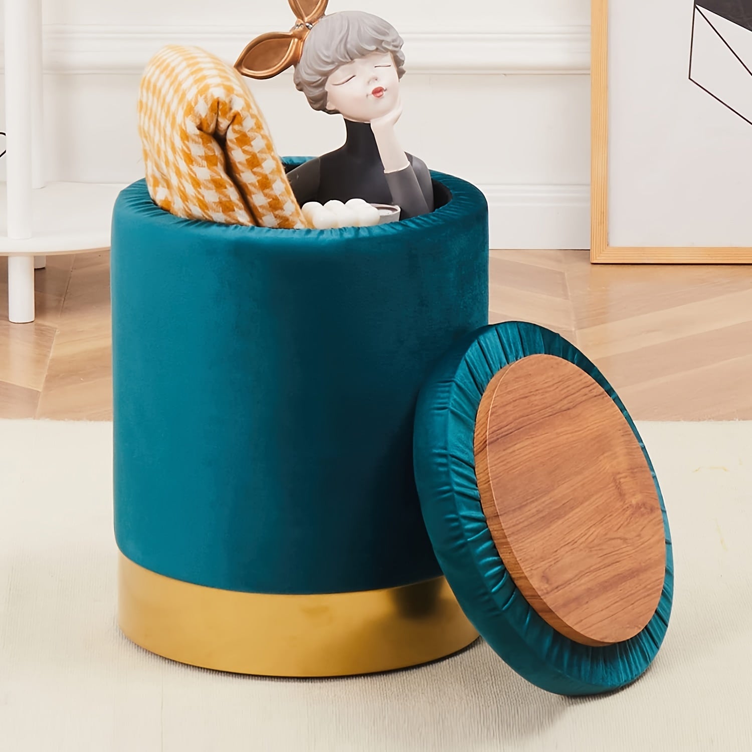 Velvet 23Qt Storage Ottoman - Heavy-Duty Multipurpose Footrest & Stool with Padded Seat & Storage Compartment, Round Chair Suitable for Living Room, Bedroom - \u002FPlywood Frame, 300lbs Weight Capacity