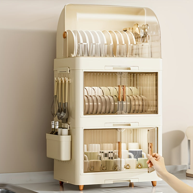 Multi-Layer Collapsible Plastic Kitchen Cabinet - a Versatile Storage Unit for Home Use, an Organized Dishware Storage Cabinet, a Portable Drying Rack for Dishes, Featuring Modern Design, Easy to Clean, Equipped with a Removable Drip Tray