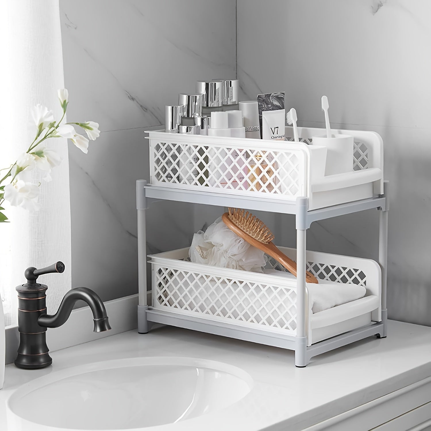 Space-Saving Storage Unit 2-Tier Pull-Out Drawer Shelf