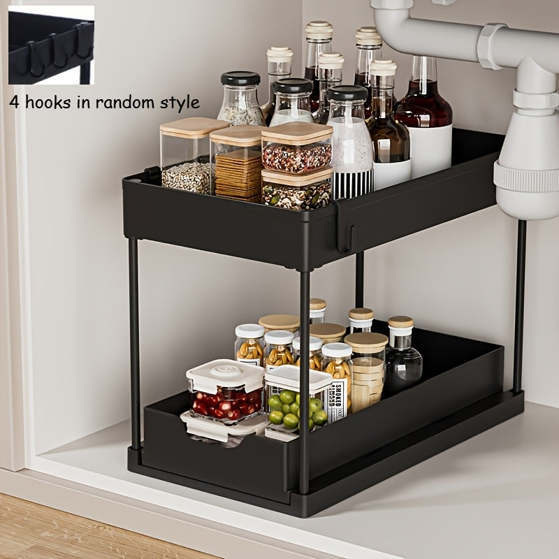 LDQ 2-Tier Large Capacity Pull-Out Kitchen & Bathroom Storage Rack - Sleek White Organizer with Multiple Compartments, Durable Plastic Space-Saving Design, Nested Shelves for Cabinets Under-Sink Organization, Undercounter Organizer, Clean Design Material