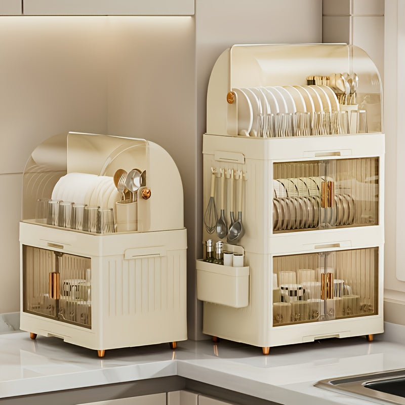 Multi-Layer Collapsible Plastic Kitchen Cabinet - a Versatile Storage Unit for Home Use, an Organized Dishware Storage Cabinet, a Portable Drying Rack for Dishes, Featuring Modern Design, Easy to Clean, Equipped with a Removable Drip Tray