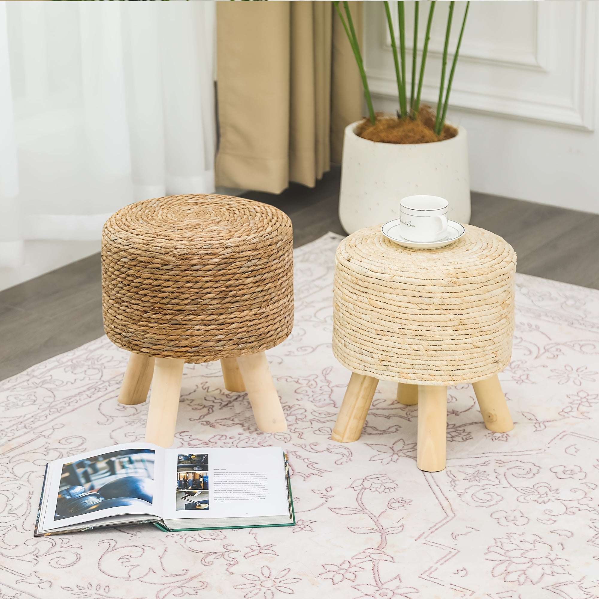 2pcs Boho Chic Handwoven Natural Straw Footstools, 11.8\